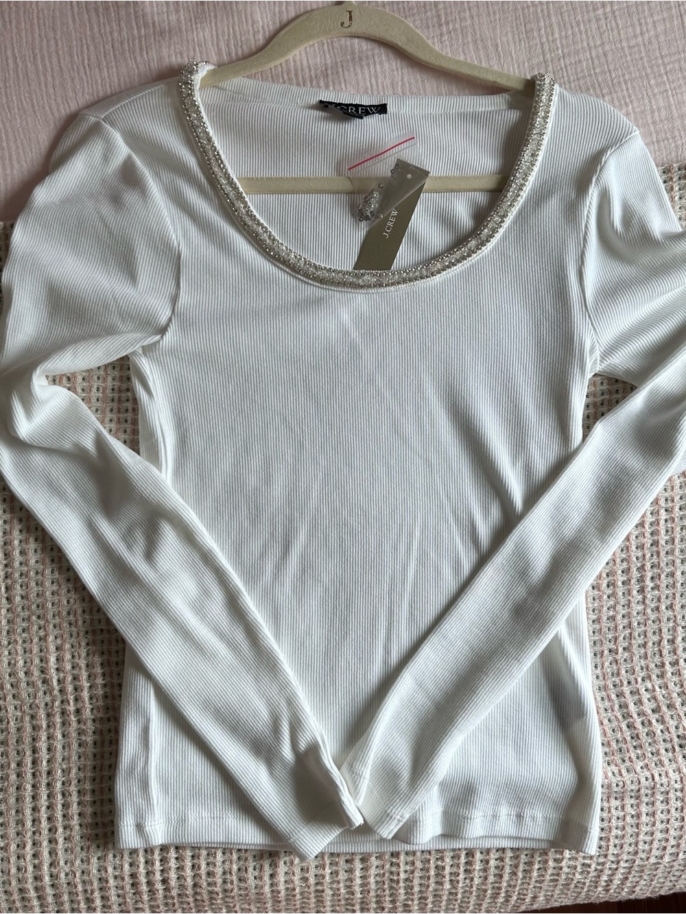 J.Crew White Embellished Scoop Neck Ribbed Long Sleeve Top